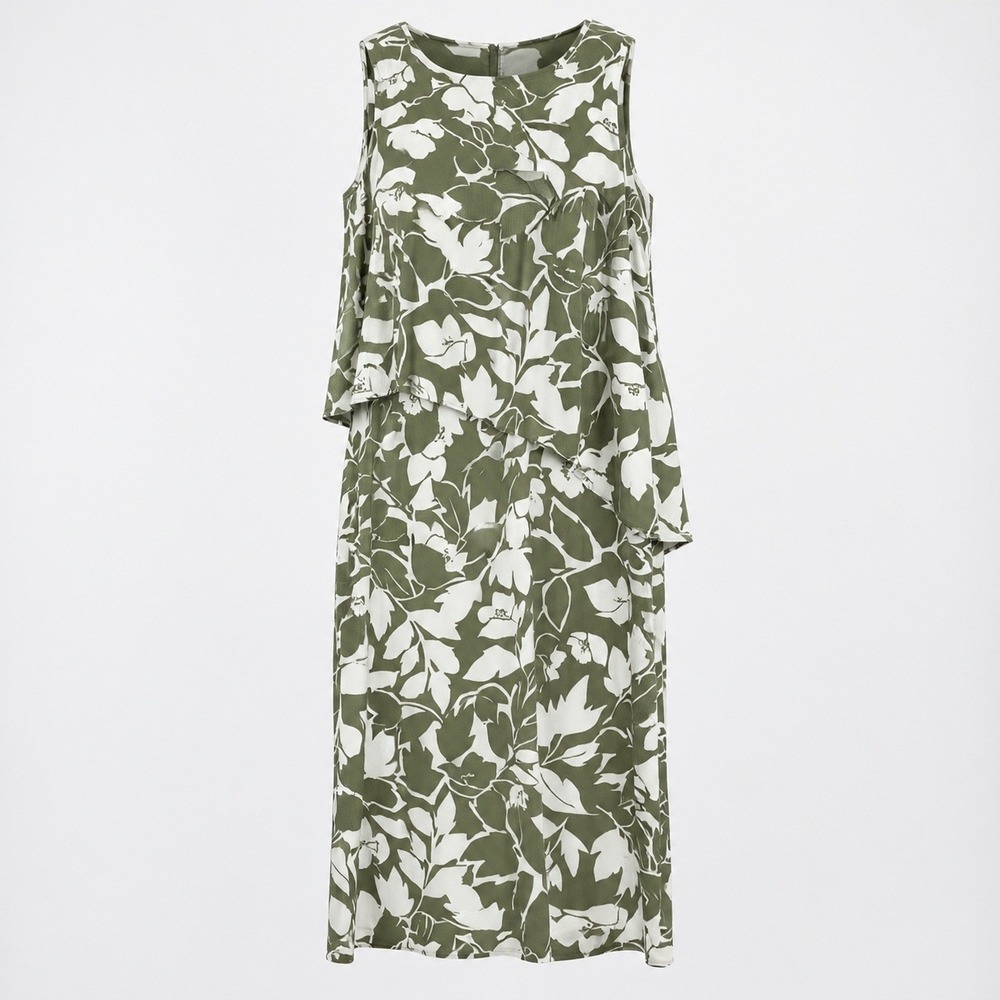 Chico's Lovely Garden Olivia Midi Dress 8 Vetiver Green White Floral Layered